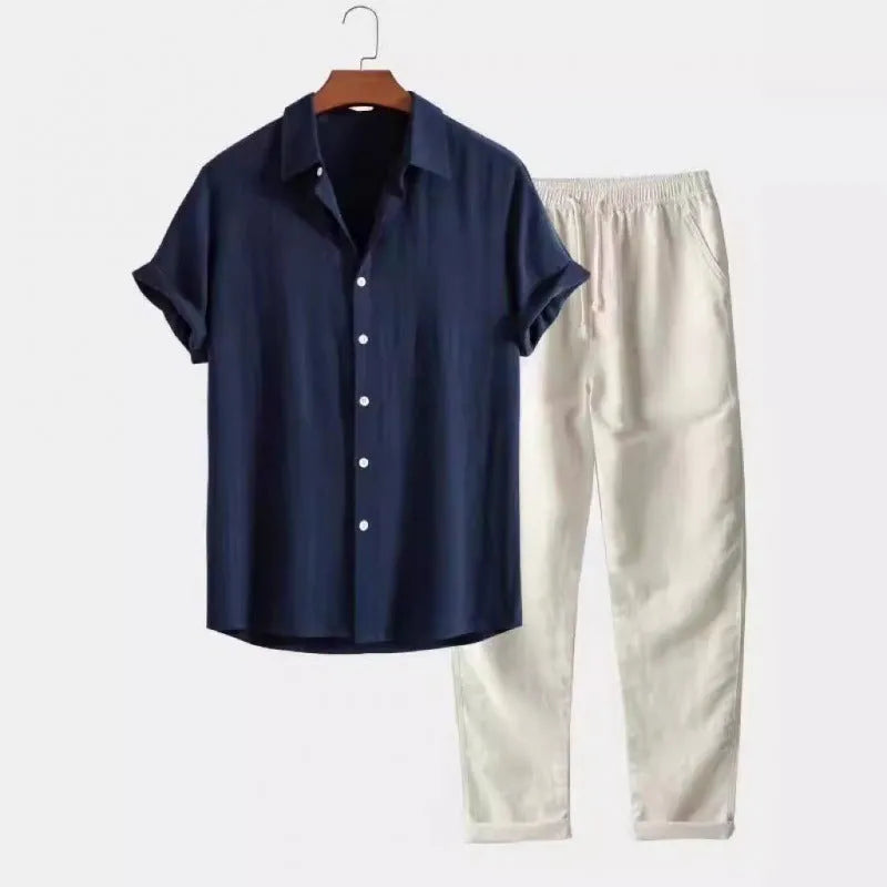 Men's loose-fit linen-look shirt and trousers casual suit set in a solid colour