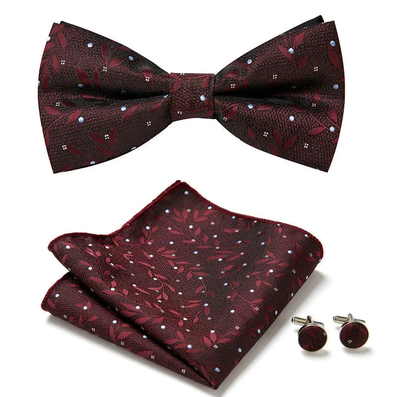 Floral Bow Tie Set of Three Pieces Polyester Yarn Hand-Sewn 12cm by 6cm Bow Tie with Matching Pocket Square 25x25cm and Cufflinks 1.5cm for Men's Formal Wedding and Party Accessories Multistyle Options