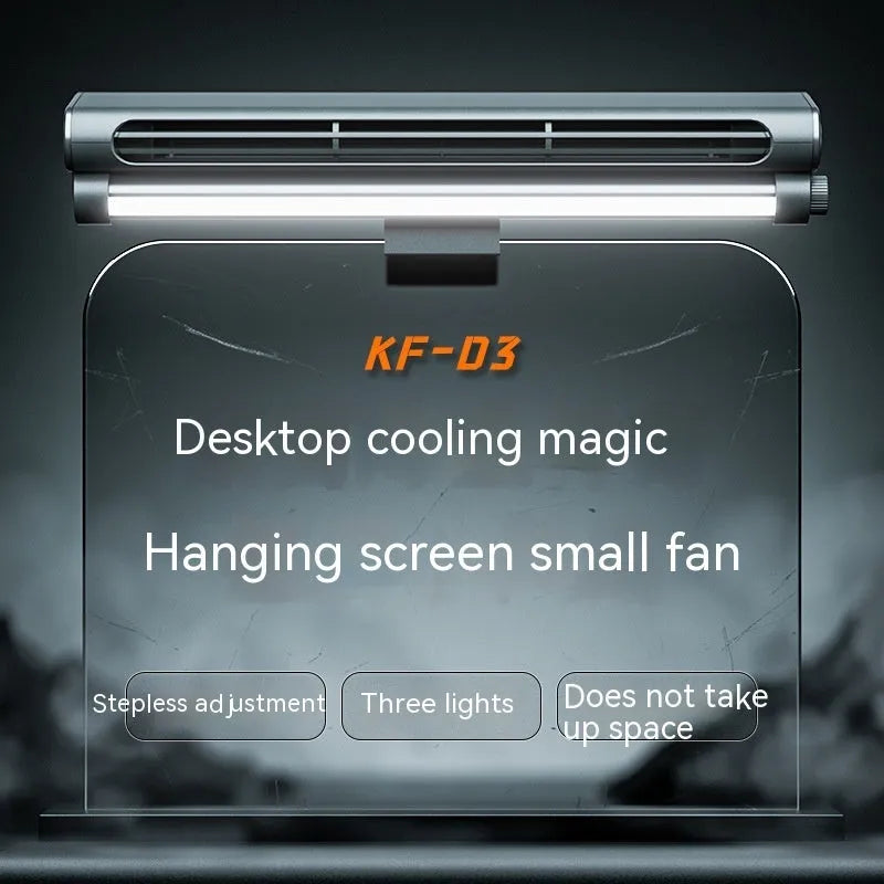 Black bladeless USB clip-on fan with integrated lamp attached to a laptop screen.