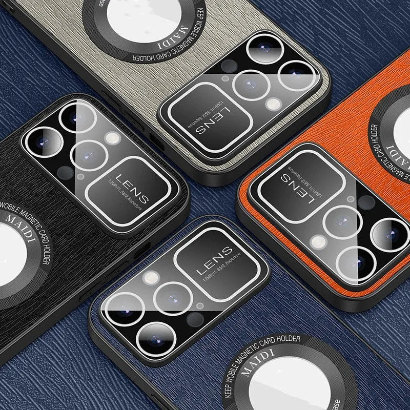 Magnetic phone case with large window and tree pattern, TPU leather, in silver gray, vibrant orange, elegant black, and sapphire blue.