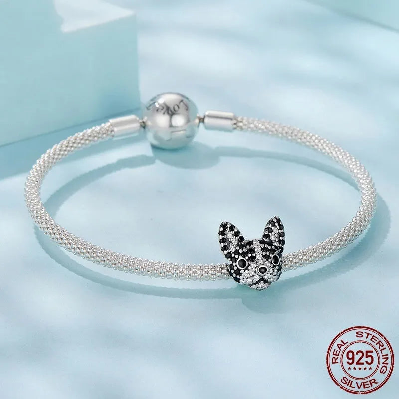S925 sterling silver Boston dog bead with inlay finish, 1.2 cm height, silver colour