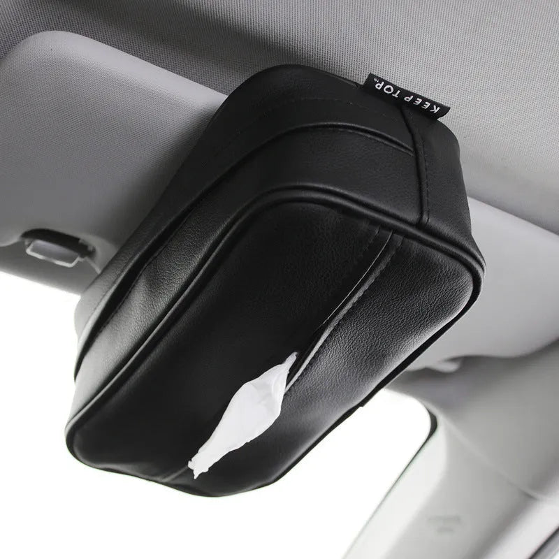 Black PU leather hanging storage box for car organisation, shown with dimensions.