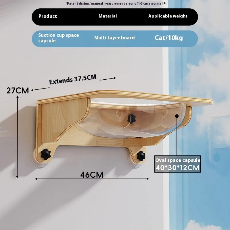 Space capsule suspended cat scratching post mounted on wall with sisal scratching surface