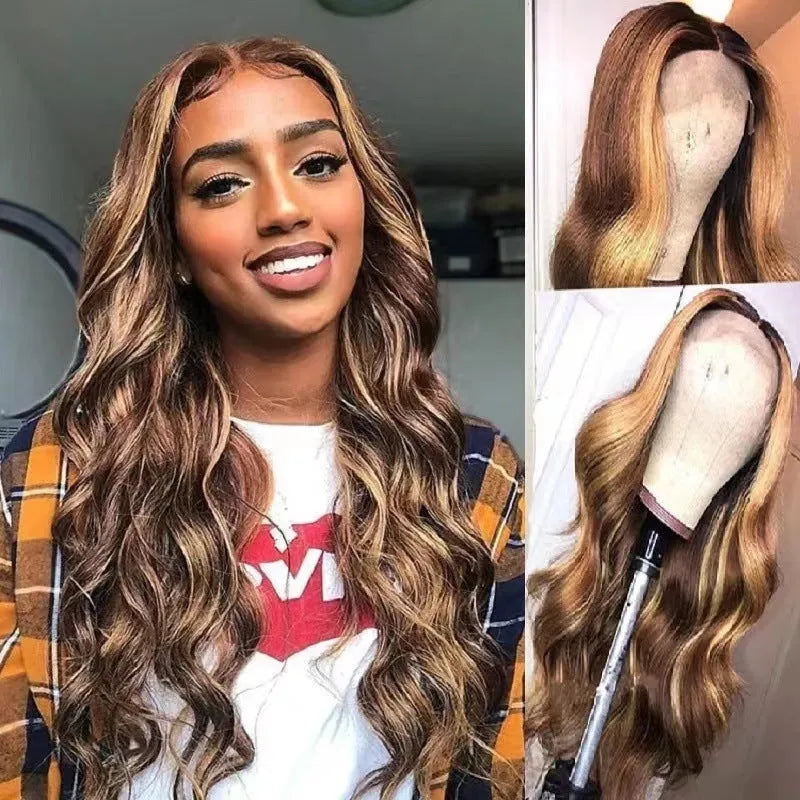 Front lace wig with African black gradient colour in big wave style, showing side bangs and sheath inclusion