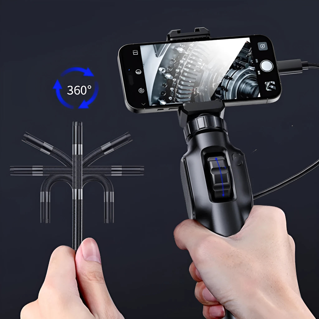 360-degree steering industrial pipeline endoscope with 8mm camera on display showing cable and handle