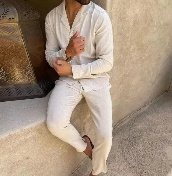 Men's cotton casual suit set with long-sleeve lapel shirt and slim-fit trousers in beige