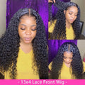 Curly human hair wig with lace front showing hand-woven construction and natural curl pattern