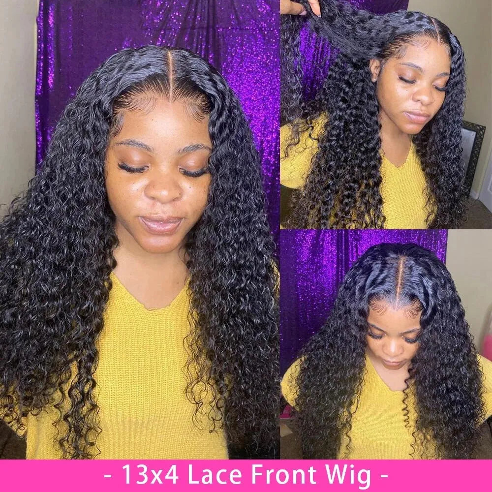 Curly human hair wig with lace front showing hand-woven construction and natural curl pattern