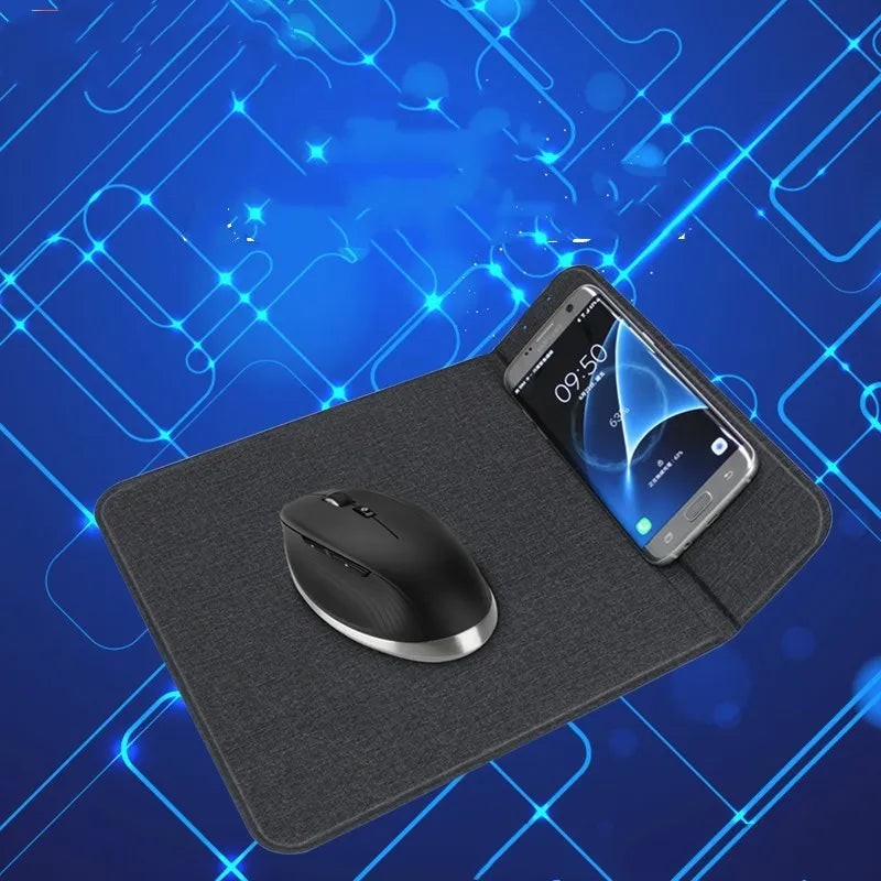 Black 2-in-1 wireless charging mouse pad with non-slip base and phone stand on a desk