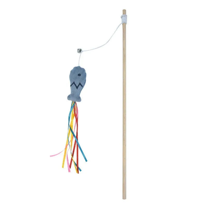 Cat wand toy with wooden handle and colourful ribbon, catnip fish, and bell attachments