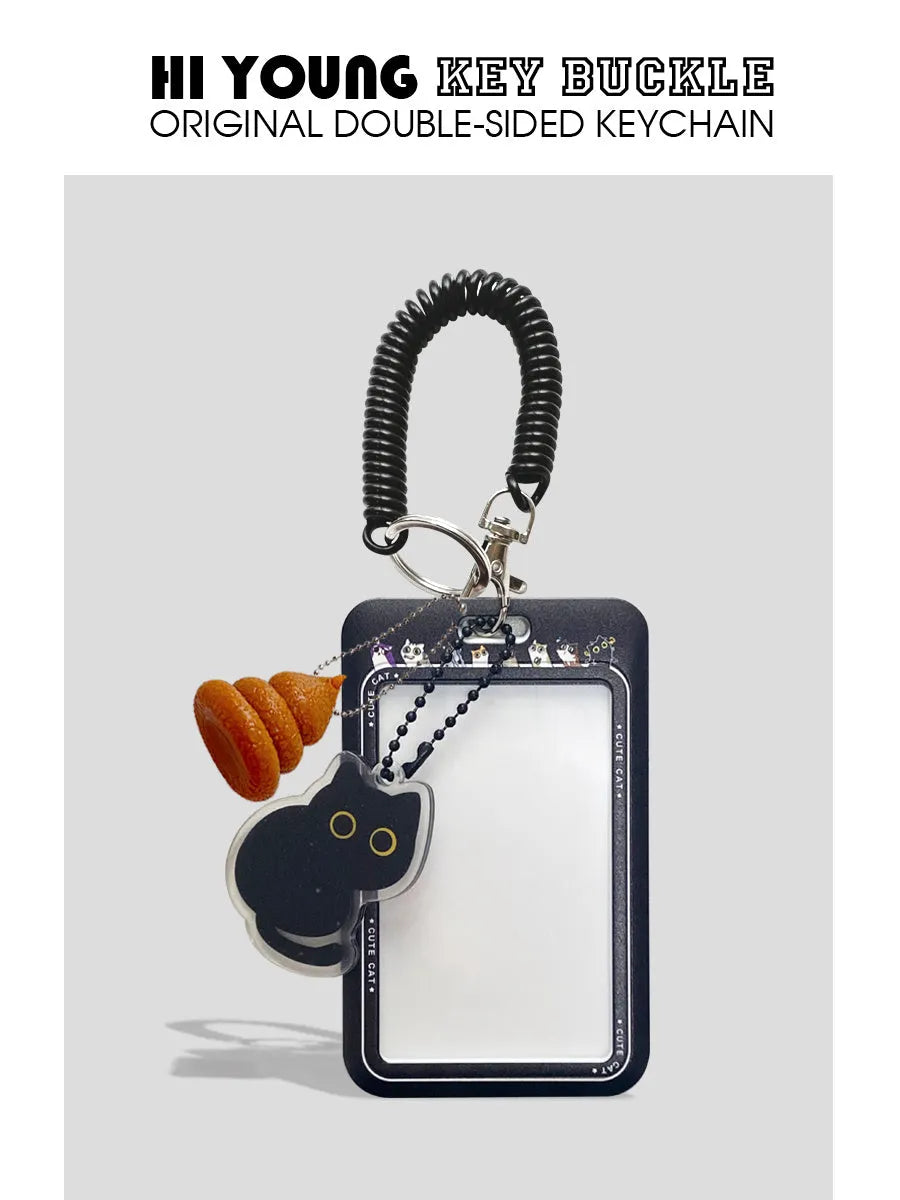 Black cat cartoon design plastic card holder with pendant attachment for bus subway student ID cards