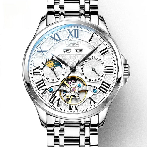 Automatic mechanical watch with double calendar, 11mm slim case, steel belt, black dial, business style