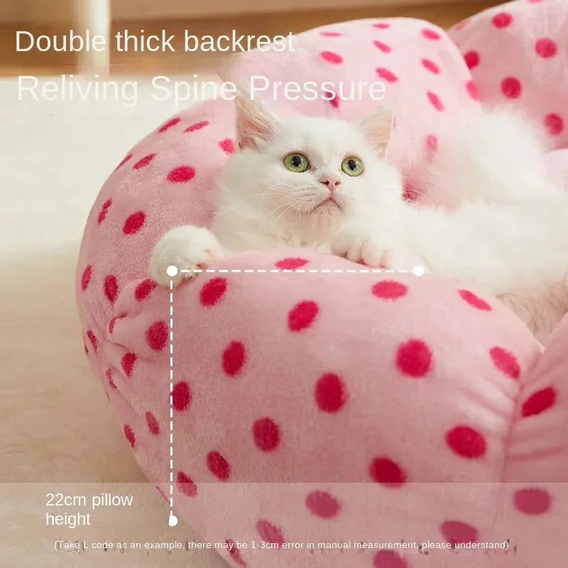 Pink dot pattern fabric cat nest bed in circular design showing two size options for pets up to 20 pounds