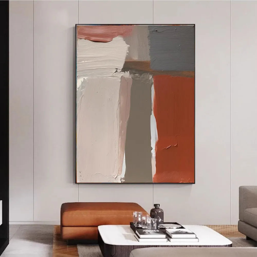 Handmade abstract oil painting on canvas in Morandi colours, rolled frameless vertical wall art