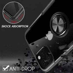 Black PU back cover case fitted on an iPhone 11 Pro Max, showing button and port access.