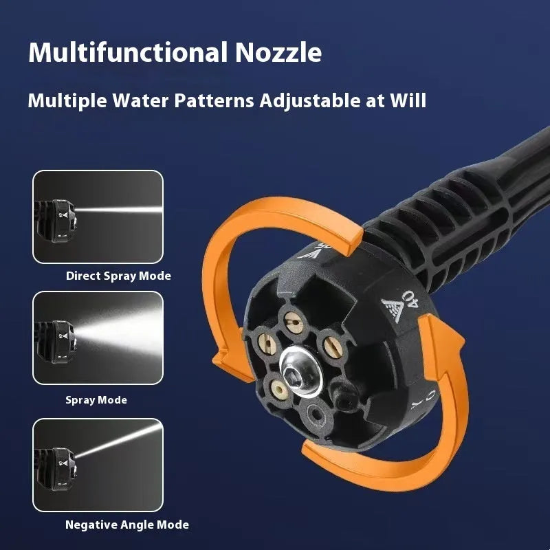 Green wireless high-pressure water gun with multiple nozzle attachments on a patio.
