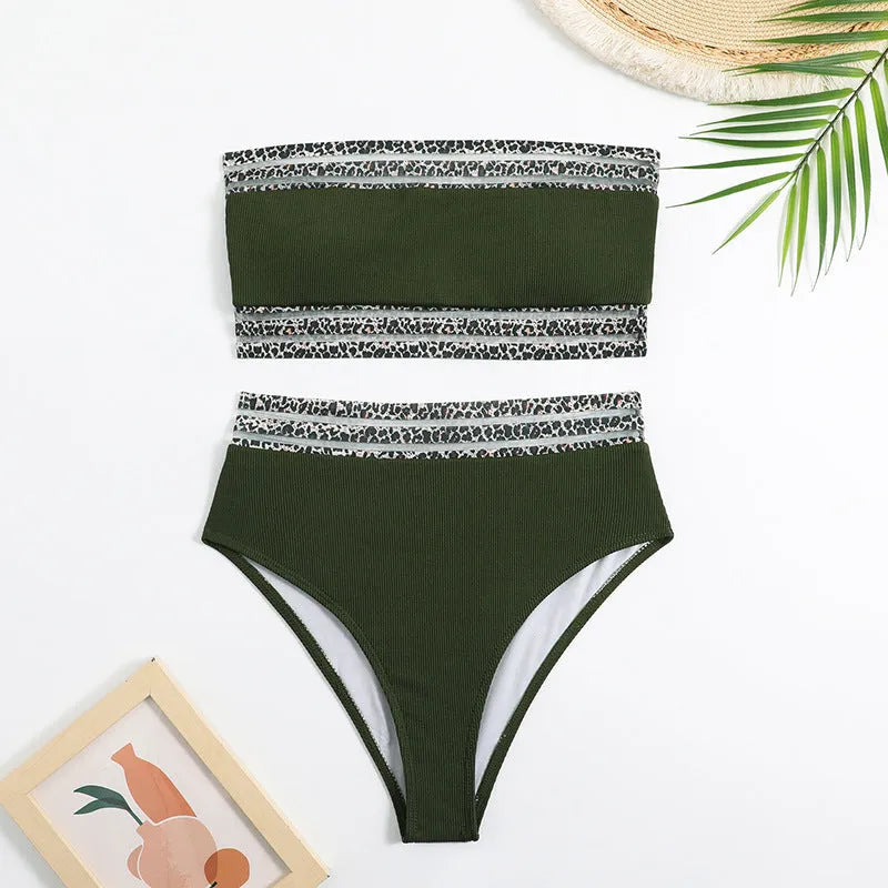 Black strapless split swimsuit with leopard print detail and high elasticity fabric