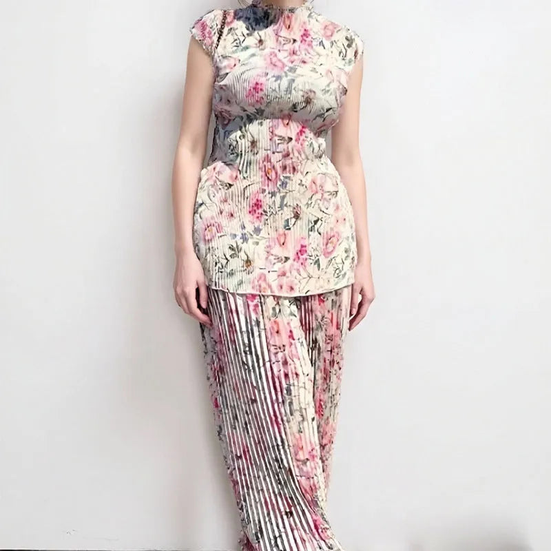 Women's long sleeve printed chiffon dress set with high-waist skirt on a mannequin