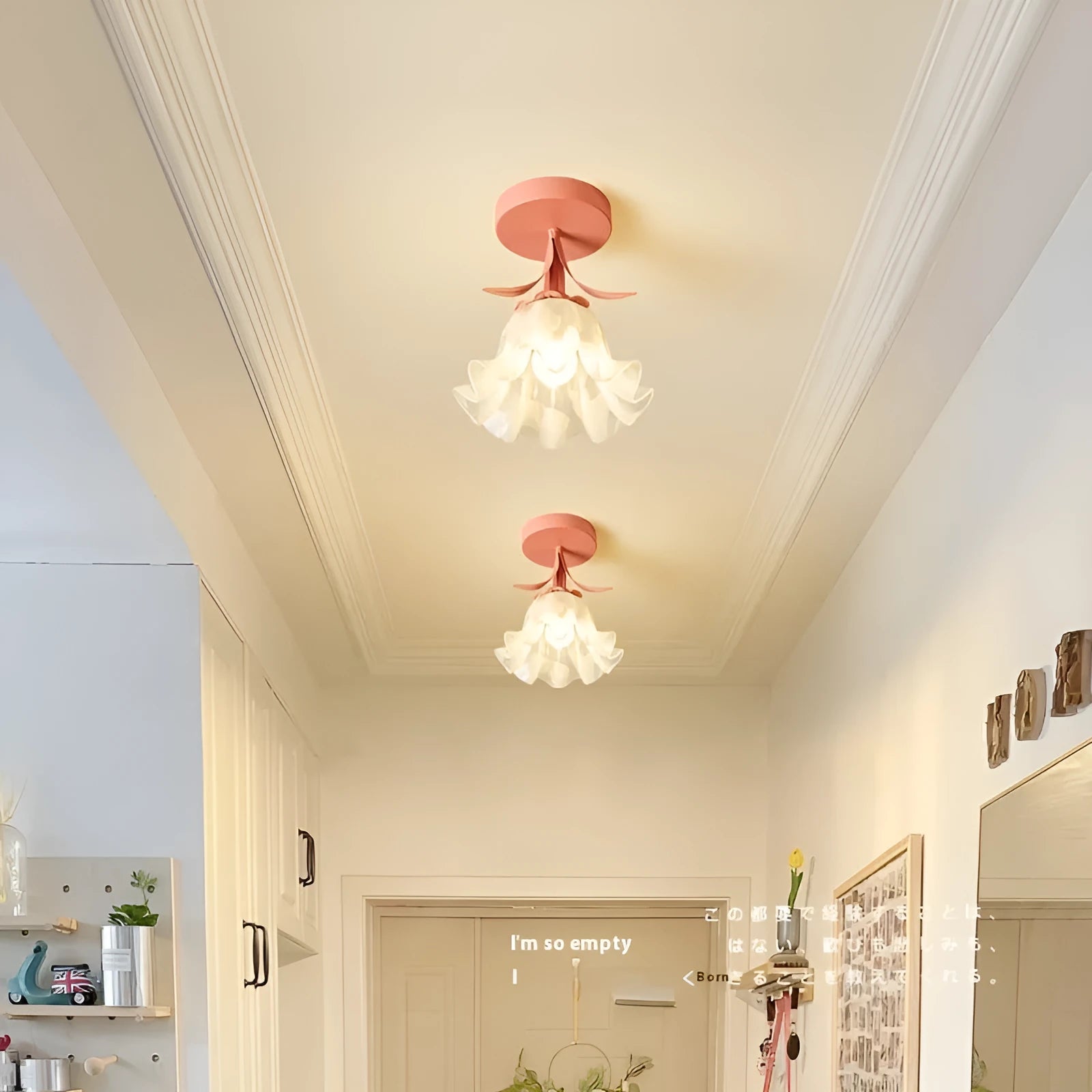 Cream coloured modern LED corridor wall light with remote control for three-colour changing and dimming.