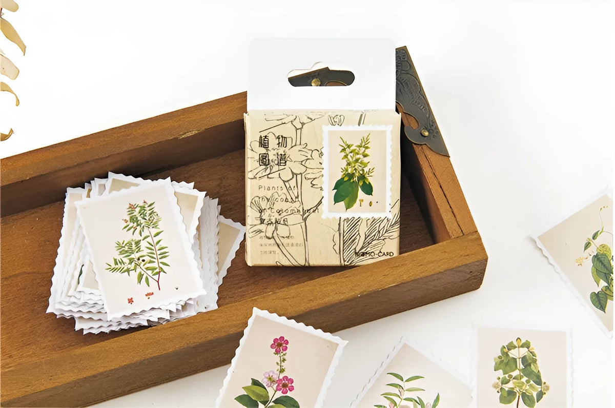 45 piece vintage plant sticker set on coated paper with botanical designs for scrapbooking and journaling