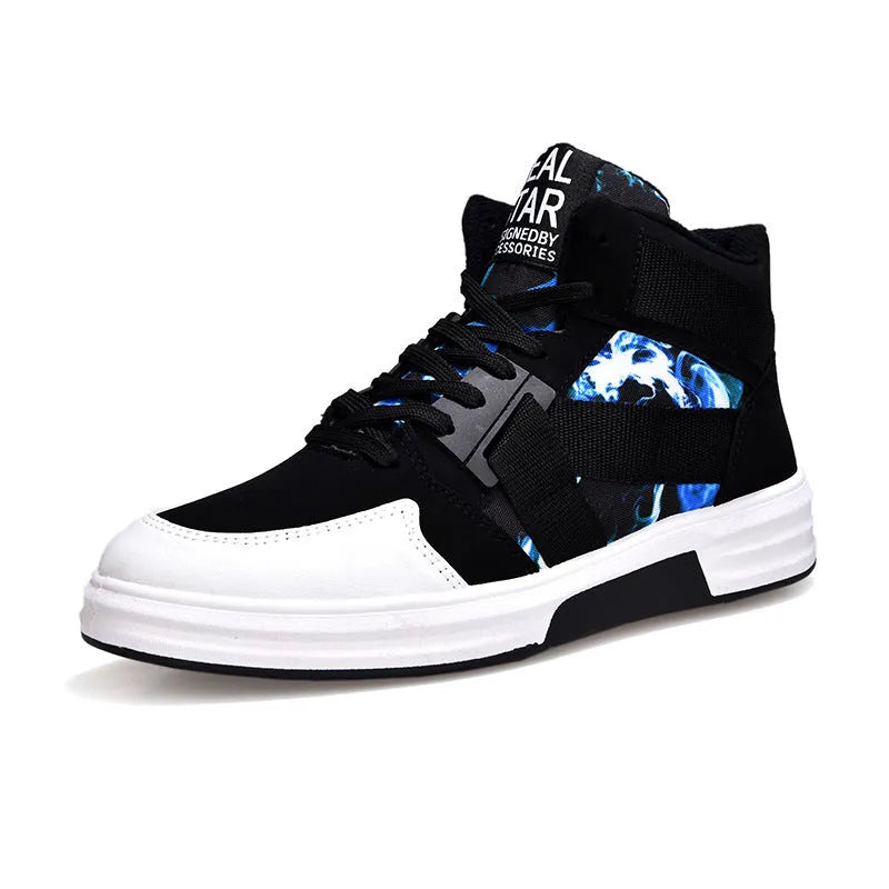 Camouflage high-top lace-up shoe with suede leather upper and non-slip rubber outsole, side view