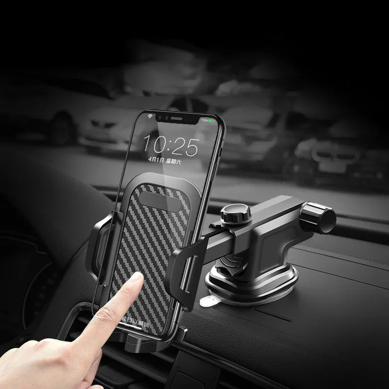 Black universal car phone holder dashboard mount with flexible bendable arm on a car dashboard