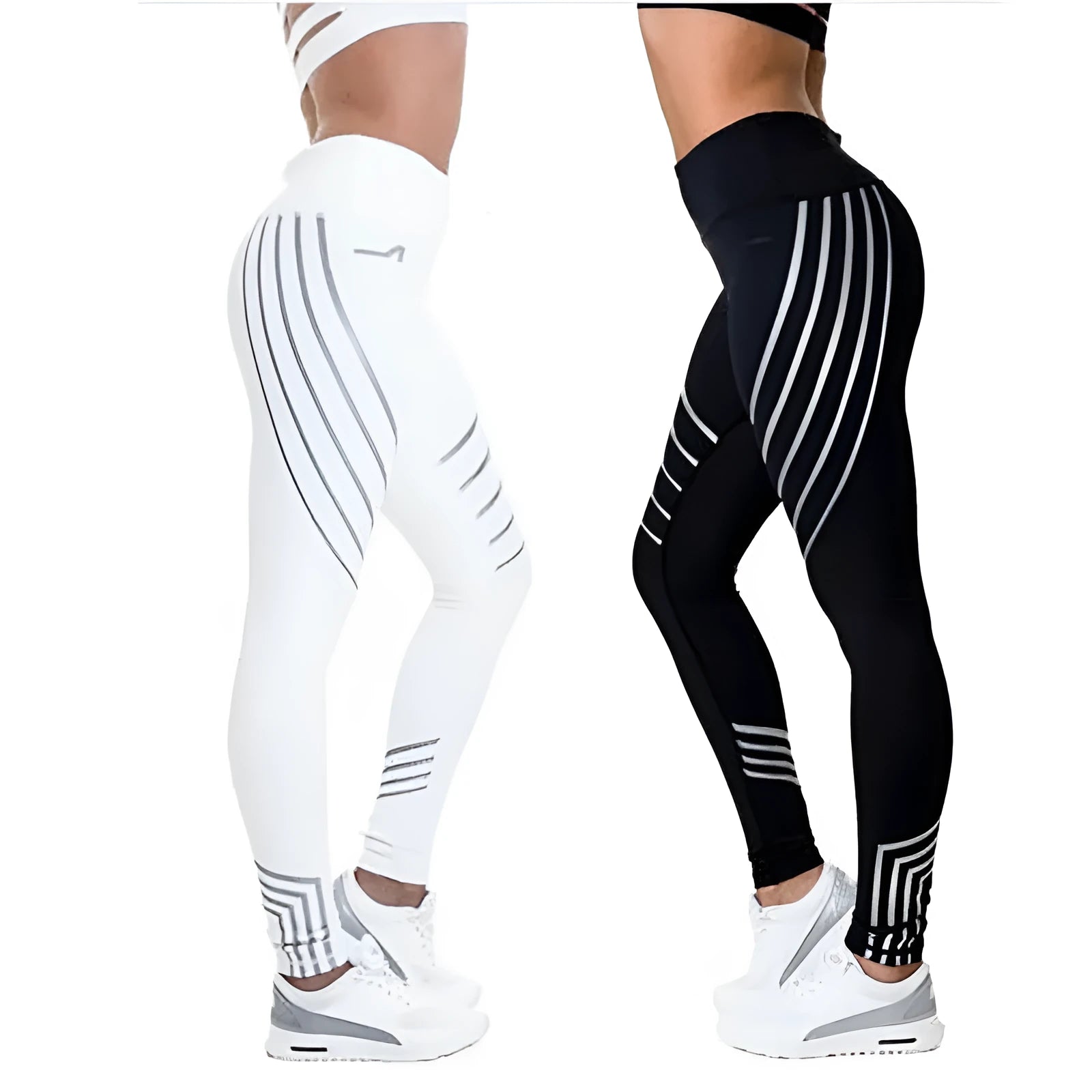Women's black workout leggings with glowing print design and slim fit pencil pants silhouette