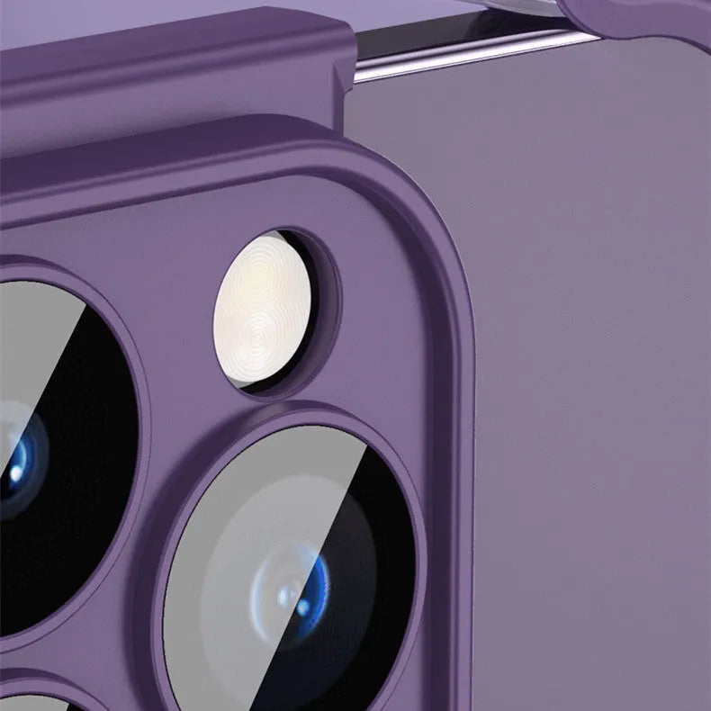 TPU iPhone case with glass lens film and corner pad in black, blue, dark purple or red.