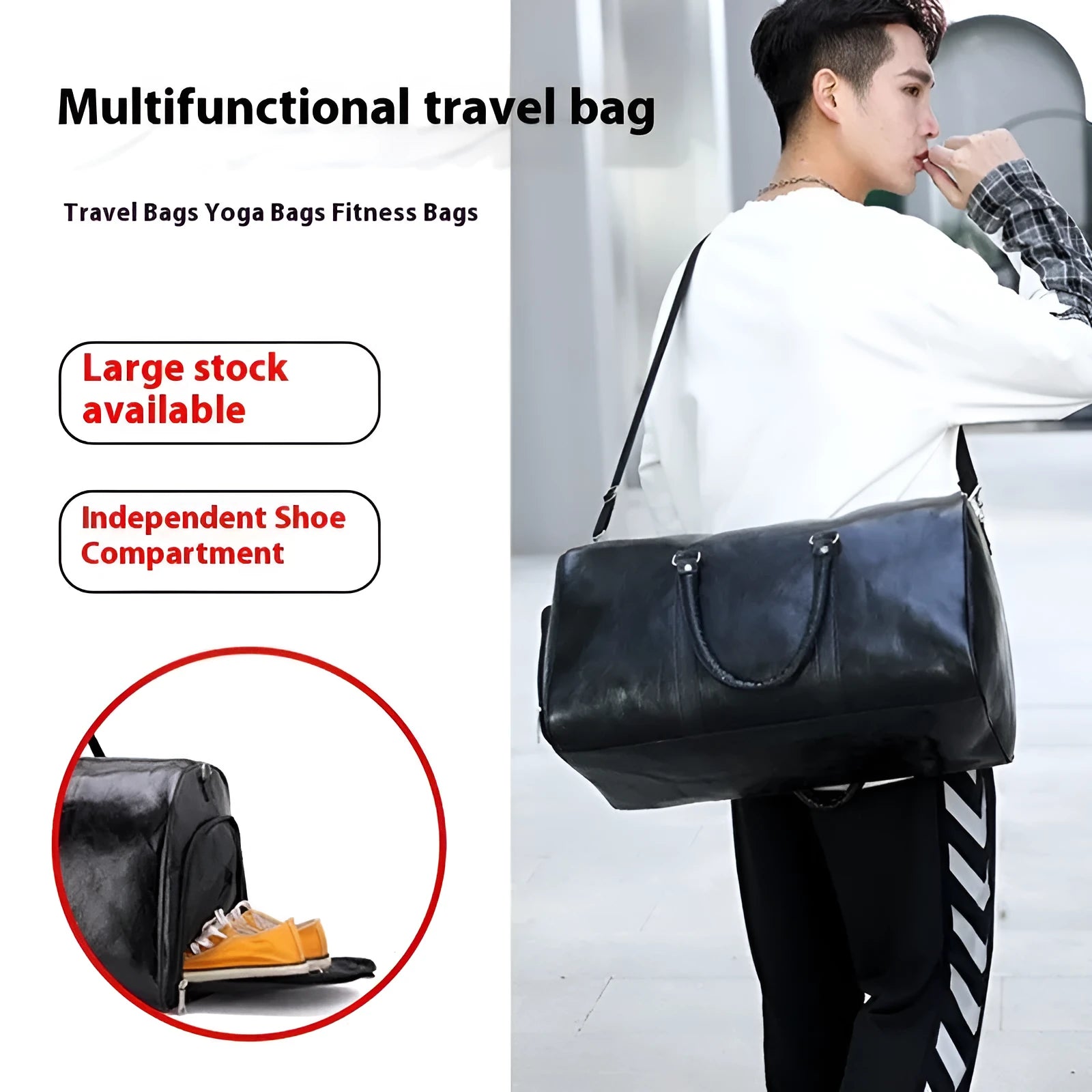 PU leather retro business travel luggage bag for men in black with large capacity
