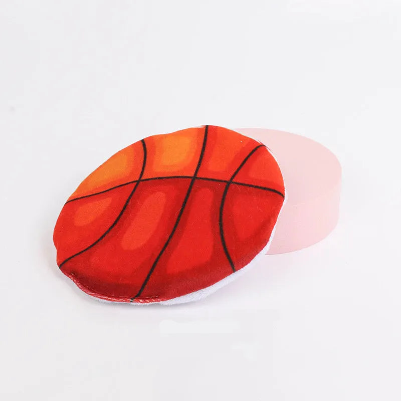 Soft plush flying disc shaped cat toy with sports ball pattern measuring 5x5x2cm