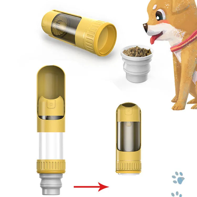 Portable blue dog water bottle with integrated drinking bowl for travel.