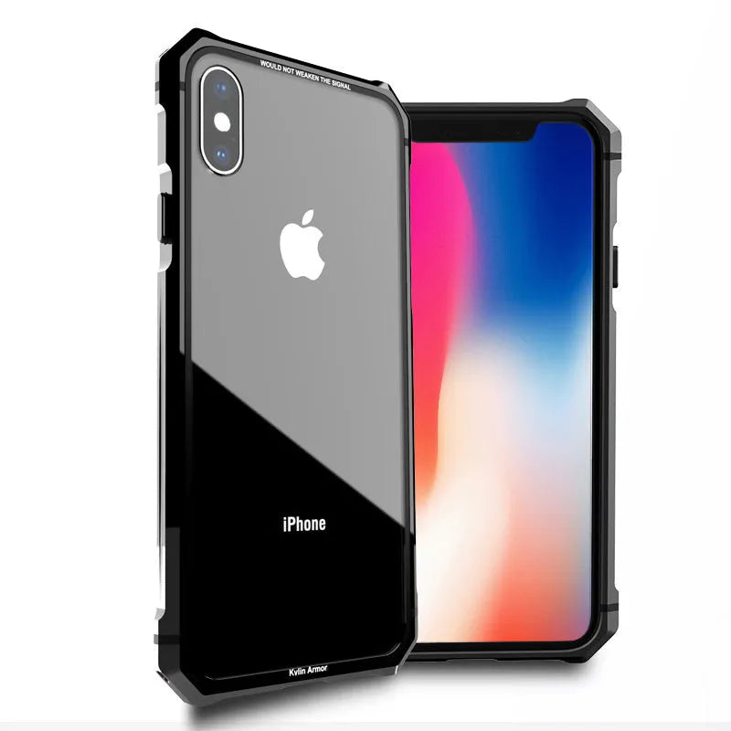 Transparent tempered glass phone case with metal aluminium frame for iPhone shockproof protection, black colour option