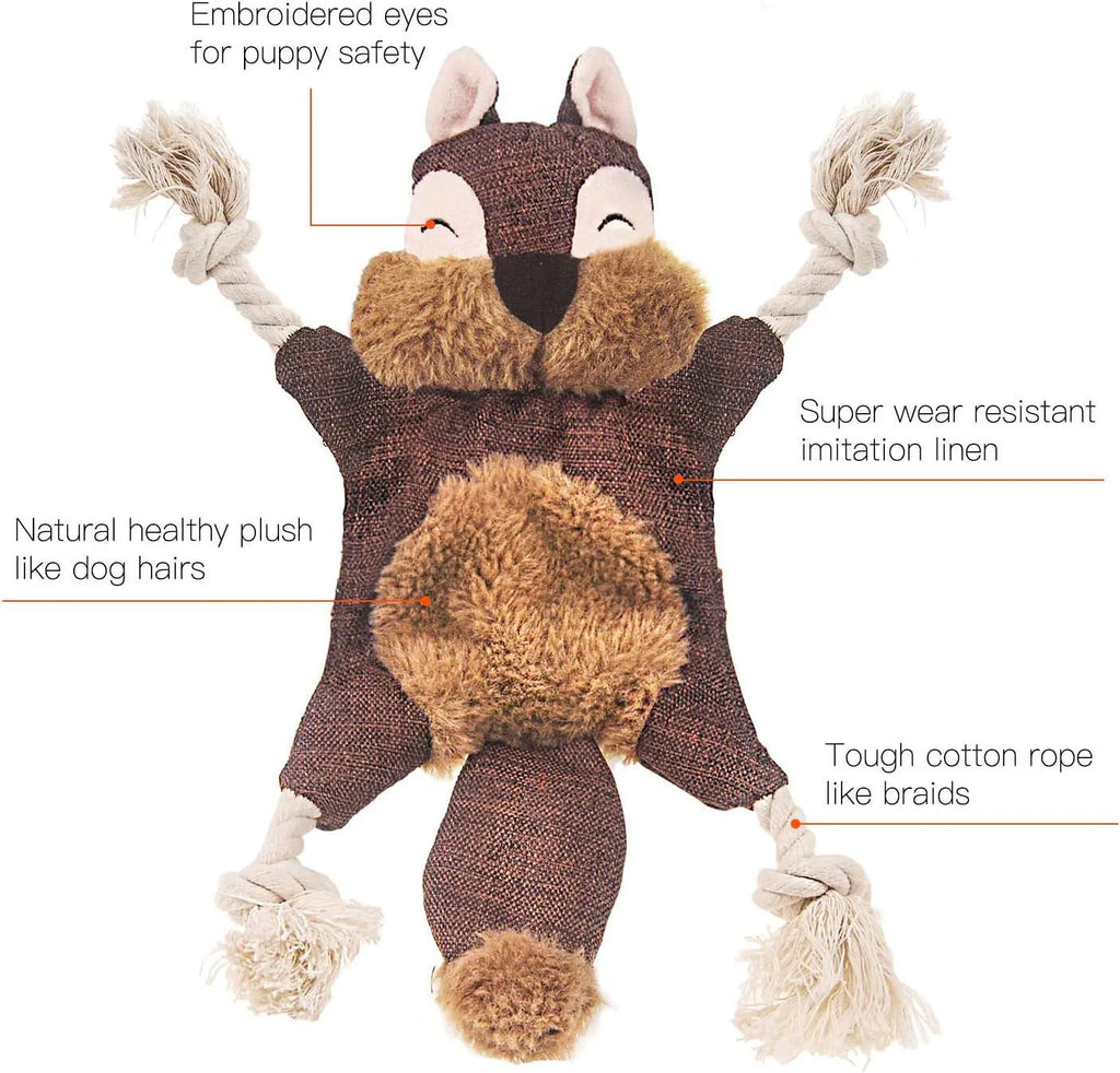 Brown fox dog toy with squeaker, crinkle paper, and cotton rope through limbs