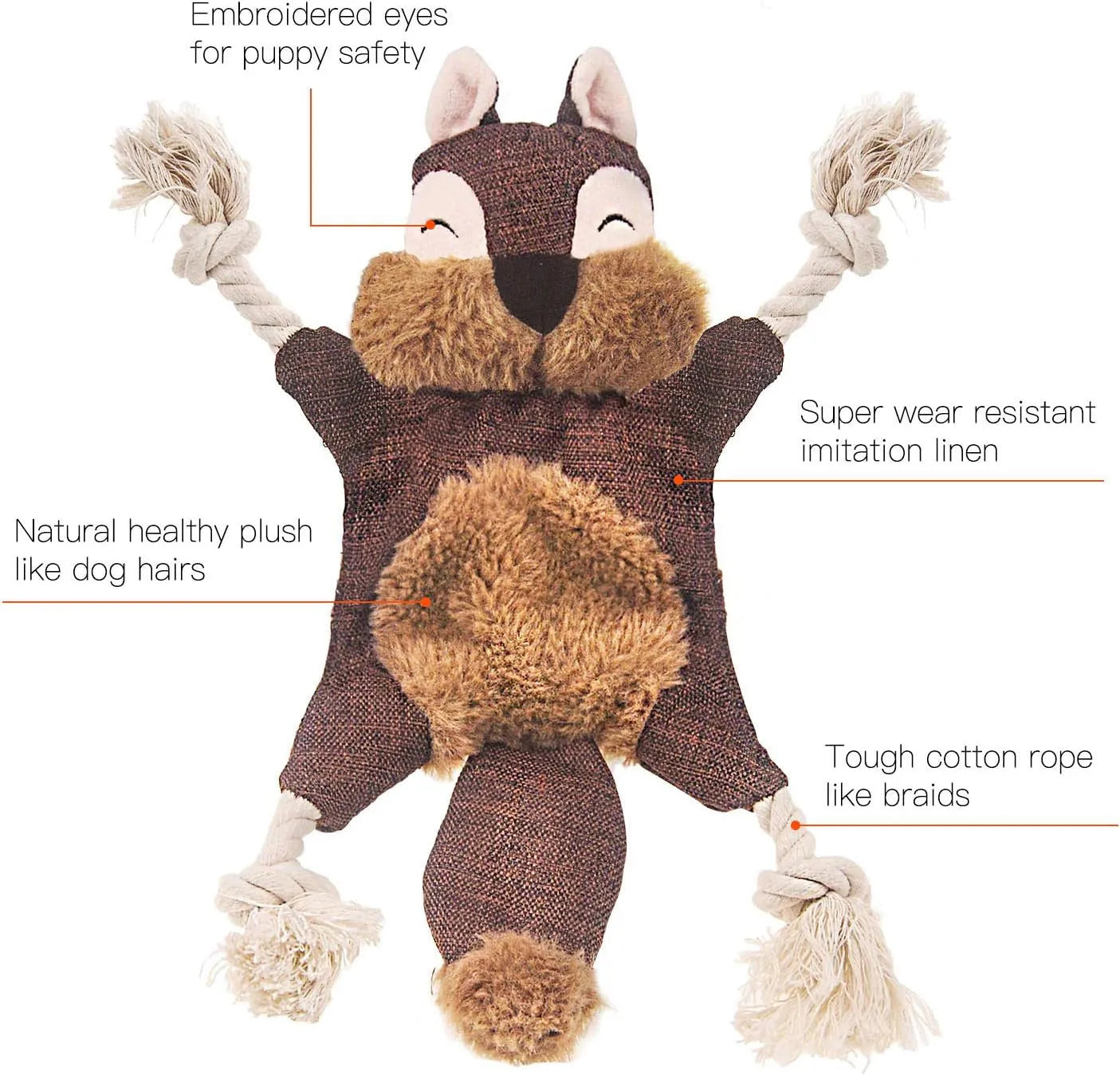 Brown fox dog toy with squeaker, crinkle paper, and cotton rope through limbs