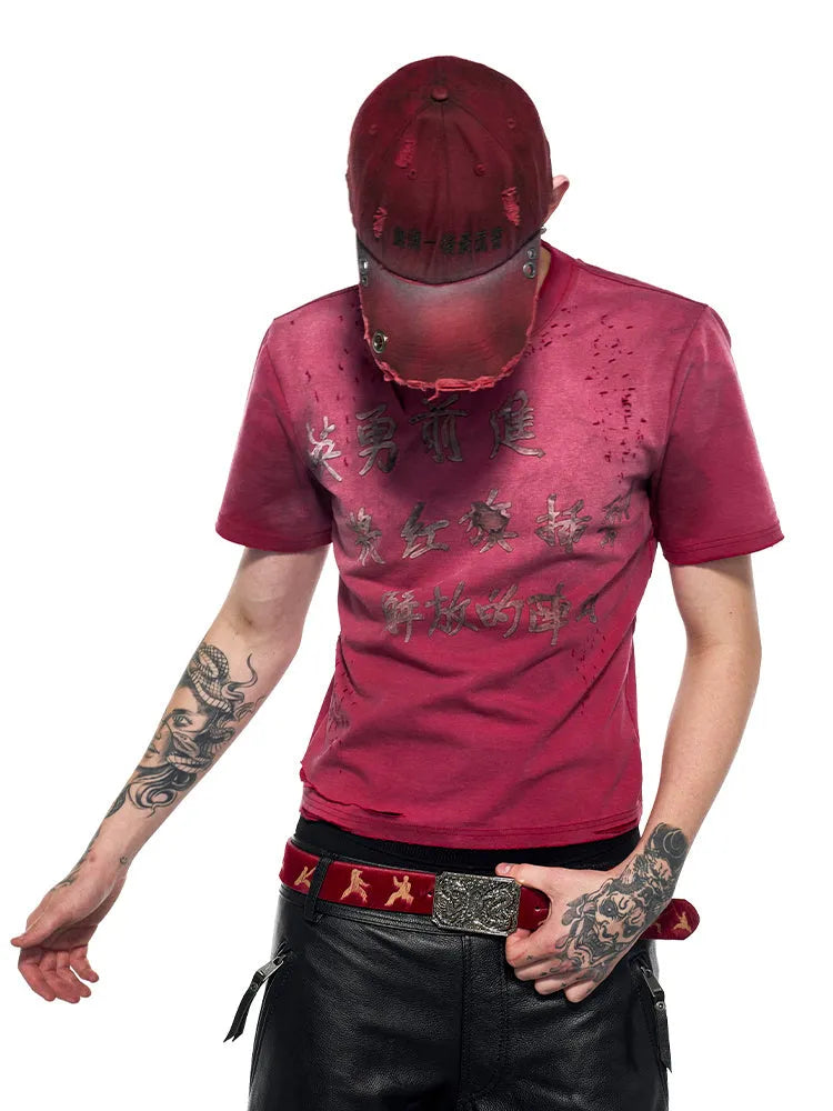 Red men's slim-fit T-shirt with a distressed texture and short sleeves.