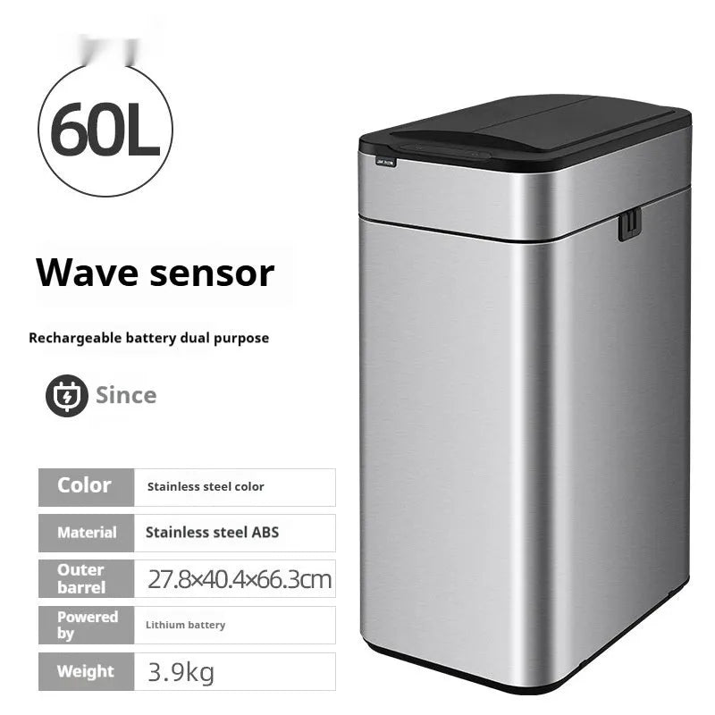 Stainless steel square inductive smart trash can with automatic sensor lid and deodorant function.