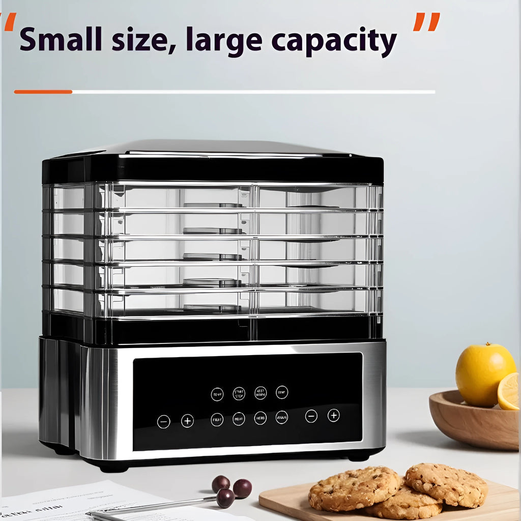 Silver stainless steel fruit dehydrator with 14L capacity on kitchen counter