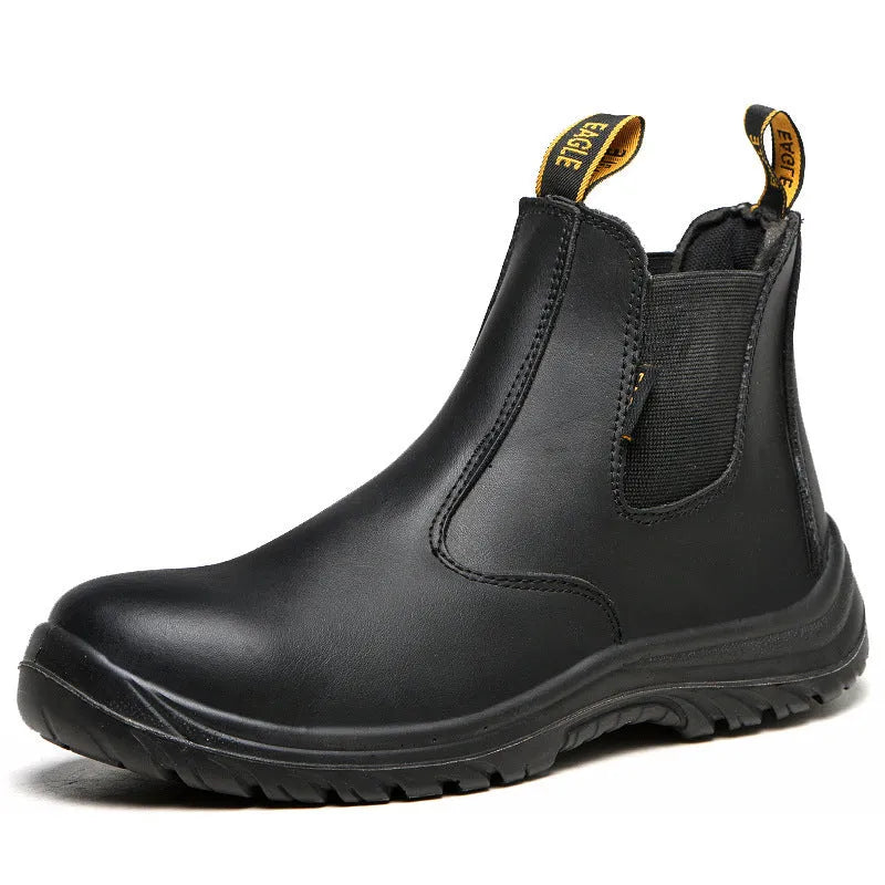 Black leather safety work boots with high-top design and anti-piercing soles