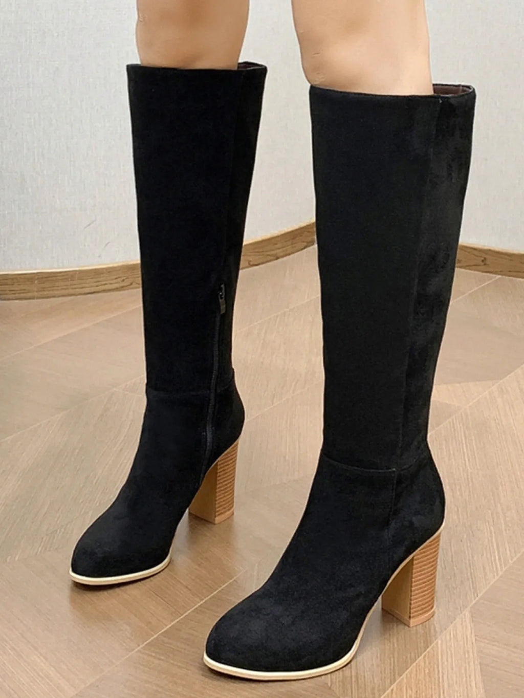 Women's black square toe high heel boot with artificial PU upper, side view
