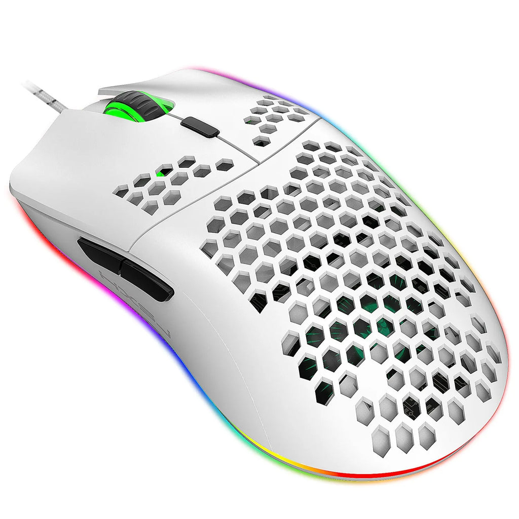 J900 honeycomb shell wired gaming mouse with USB cable in black colour, top view showing six buttons and RGB lighting