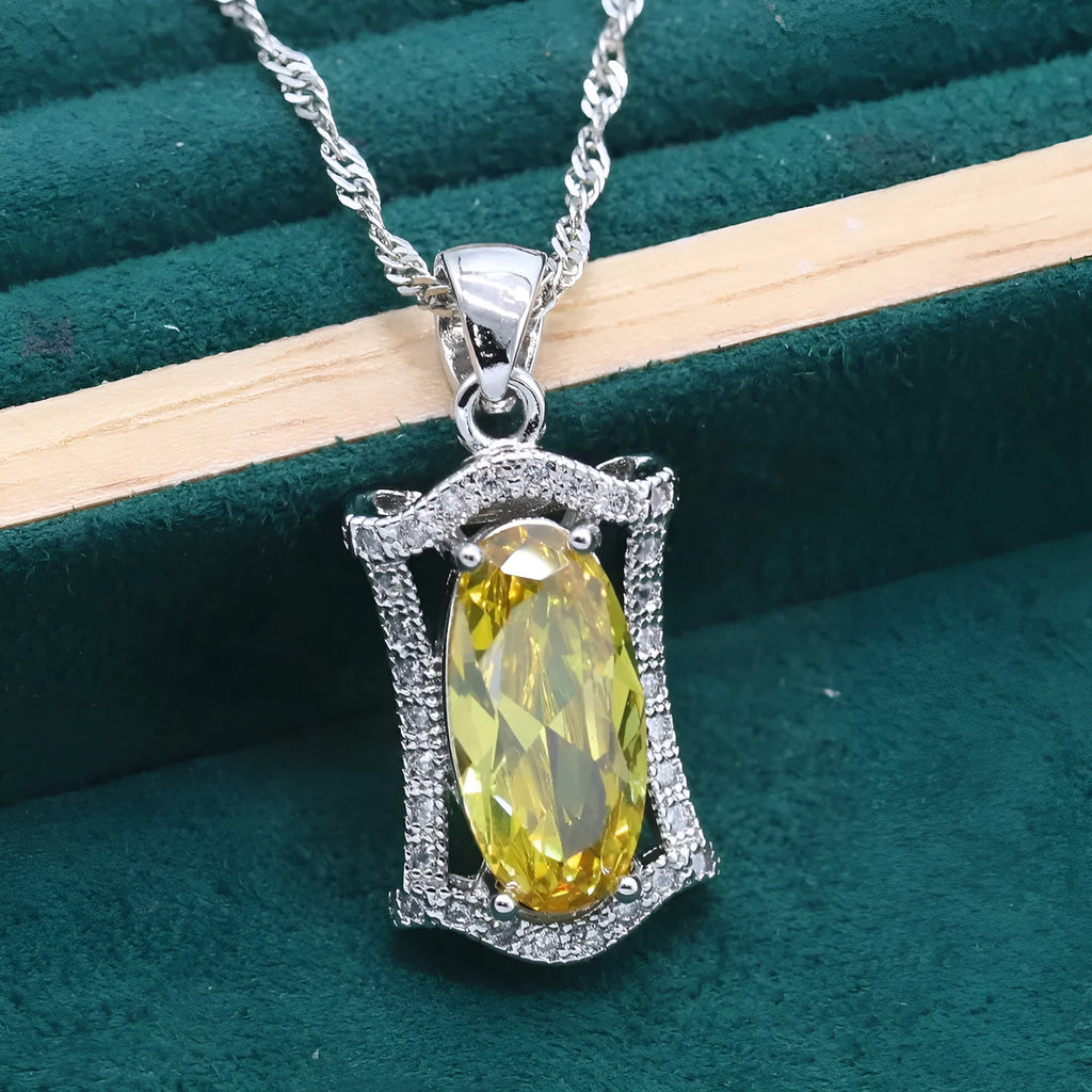 Women's zircon jewellery set with anti-allergy alloy necklace, earrings, ring and bracelet in yellow or olive colours
