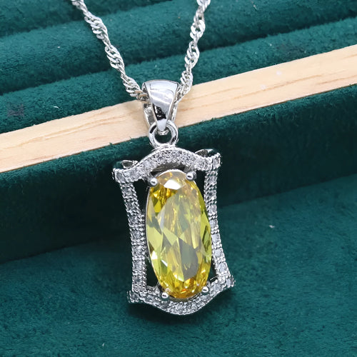 Anti-allergy zircon jewellery set with necklace, earrings, ring, and bracelet in yellow or olive colour.