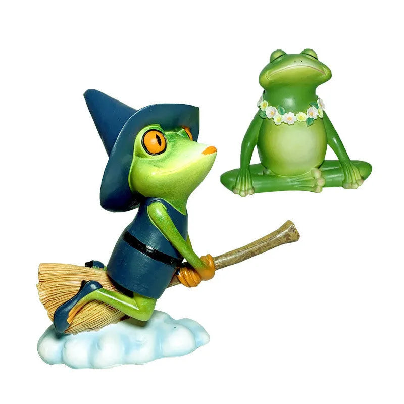 European style Magic Yoga Frog plastic and resin ornament in RDW123 colour on a shelf.