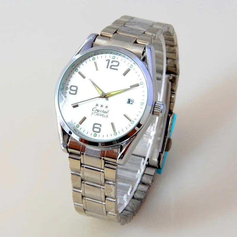 Men's automatic mechanical watch with 40.5mm dial, mineral glass, black dial, and pointer display