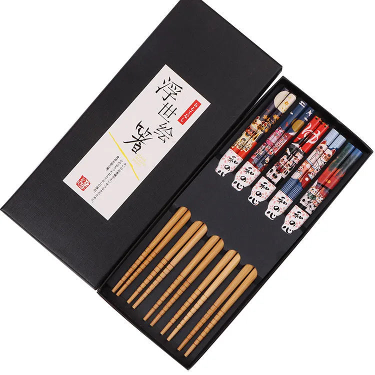 Five pairs of bamboo chopsticks with Japanese cartoon patterns in lucky cat or pond blue designs