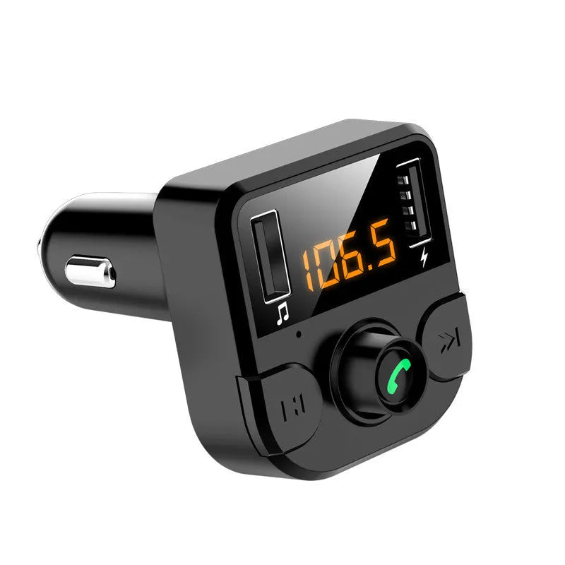 Black BT36B car Bluetooth MP3 player with FM transmitter plugged into a car cigarette lighter socket.