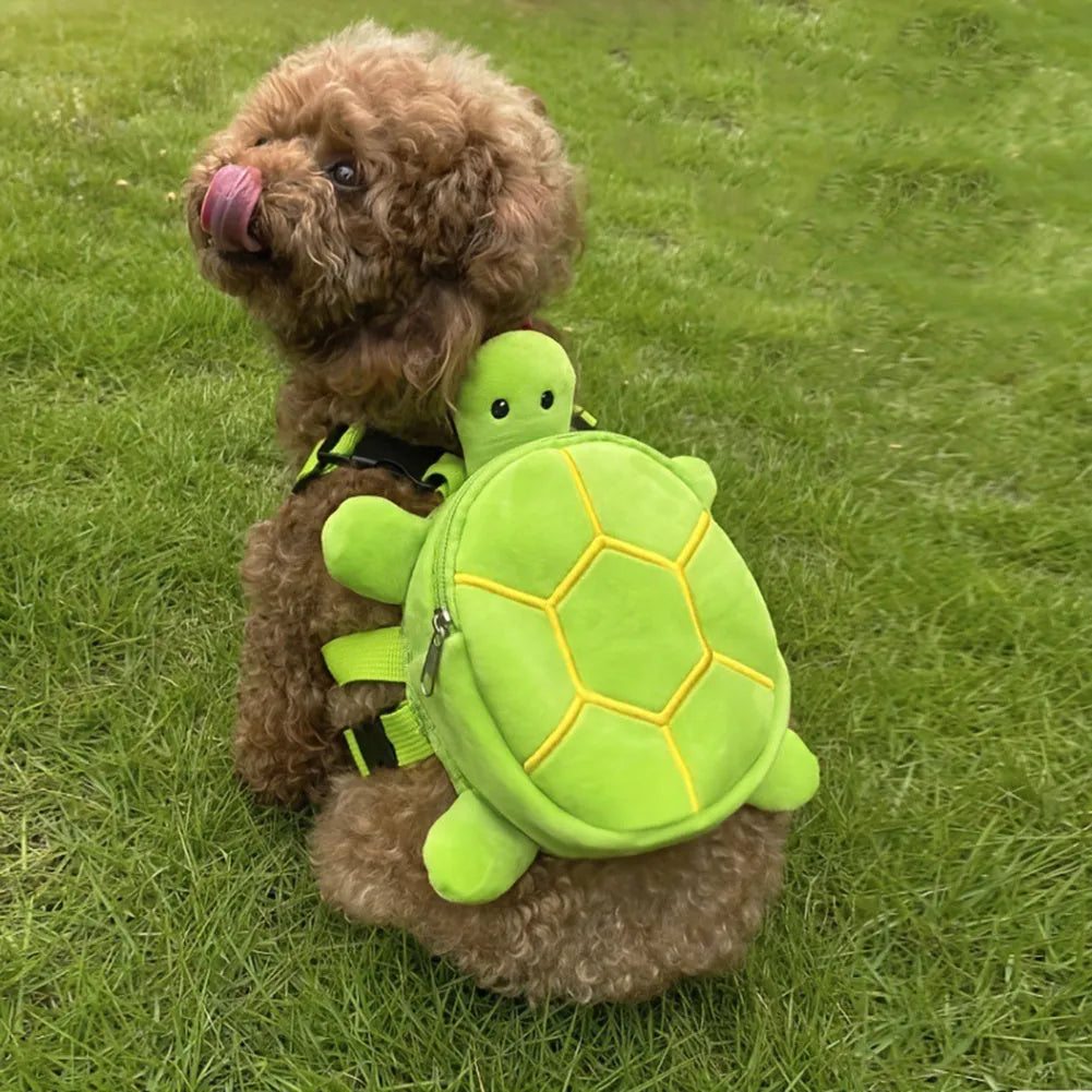 Turtle-shaped velvet dog backpack vest with metal zipper and harness in brown, green, grey, or yellow