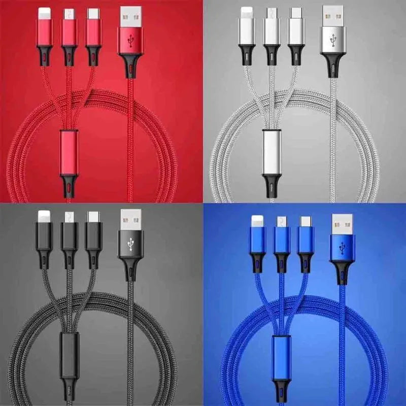 Braided 3-in-1 data cable with aluminium connectors in multiple colour options