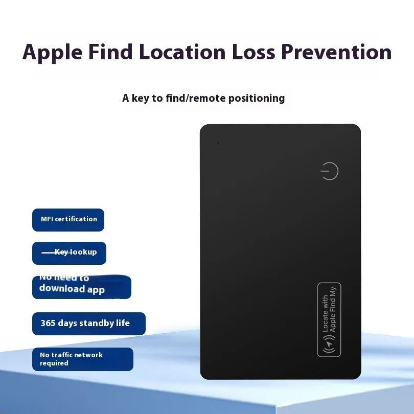Black ultra-thin anti-loss tracking card for Apple devices with wireless charging