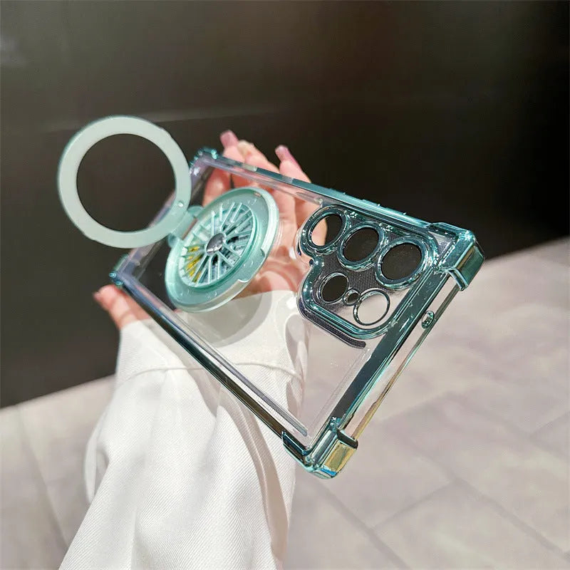 Electroplating four-corner drop-resistant rotating gyro magnetic bracket phone case for Samsung S23 in cool black